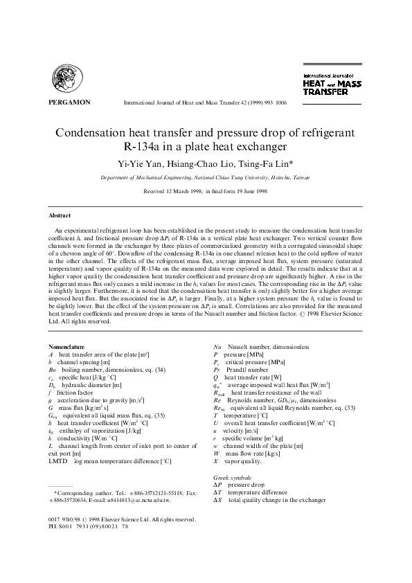 (PDF) Condensation heat transfer and pressure drop of refrigerant R ...