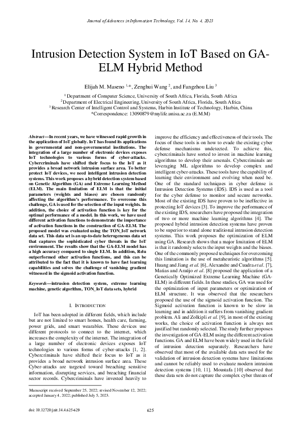 (PDF) Intrusion Detection System in IoT Based on GA-ELM Hybrid Method