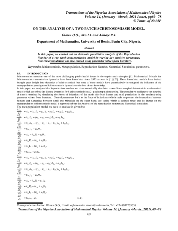(PDF) ON THE ANALYSIS OF A TWO PATCH SCHISTOSOMIASIS MODEL
