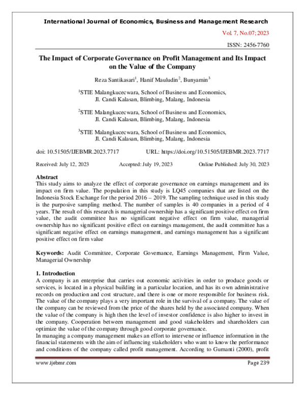 (PDF) The Impact of Corporate Governance on Profit Management and Its ...