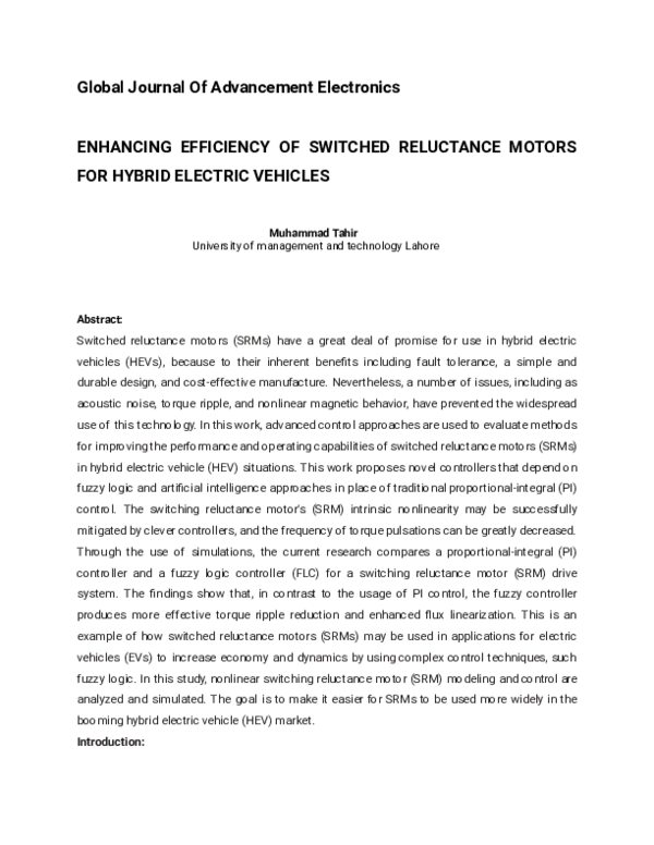 (PDF) ENHANCING EFFICIENCY OF SWITCHED RELUCTANCE MOTORS FOR HYBRID ...