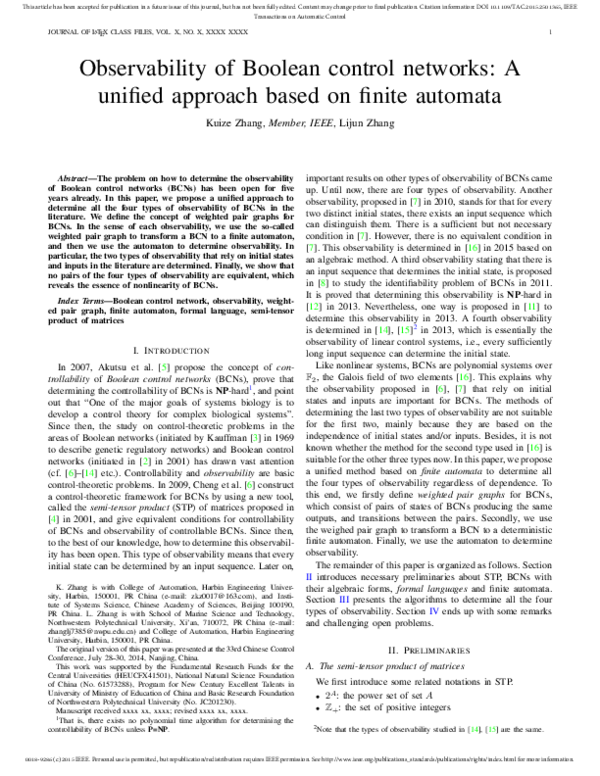 (PDF) Observability of Boolean control networks: A unified approach ...