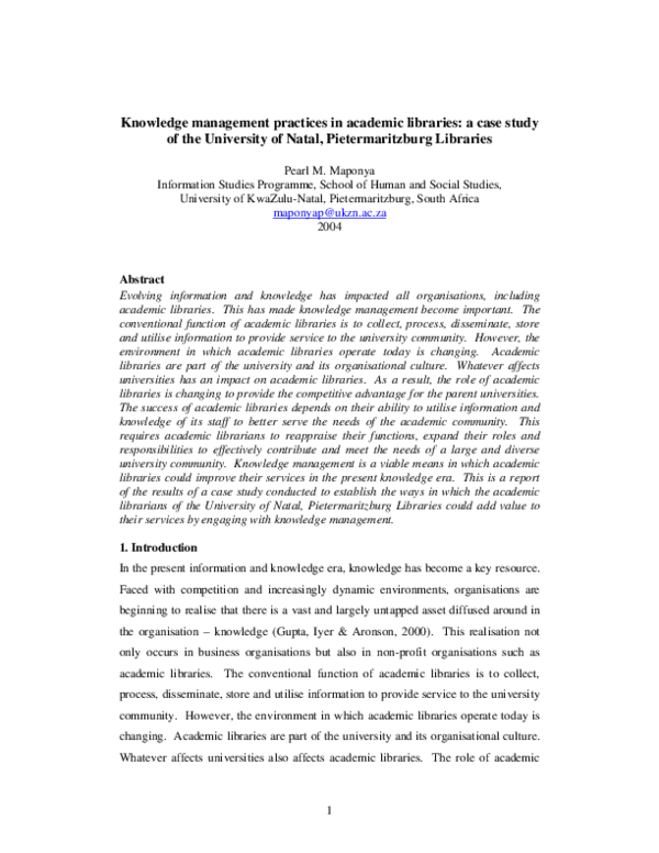 (PDF) Knowledge management practices in academic libraries: a case ...