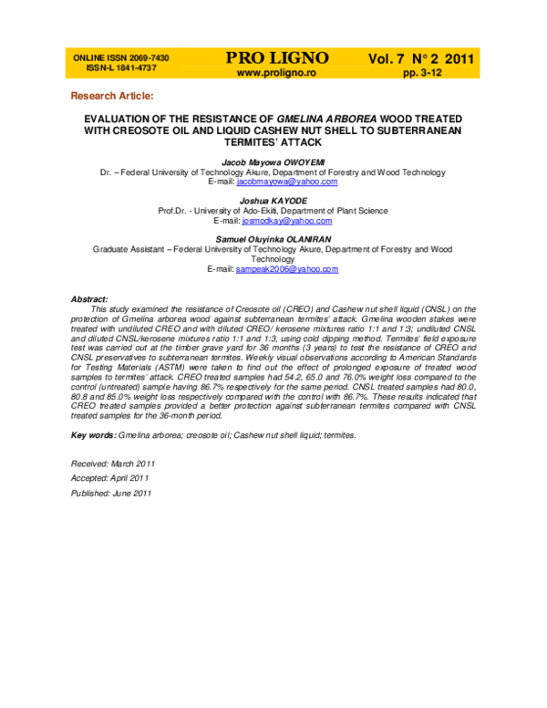 (PDF) Evaluation of the Resistance of Gmelina arborea Wood Treated With Creosote Oil and Liquid