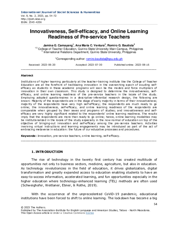 (PDF) Innovativeness, Self-efficacy, and Online Learning Readiness of ...