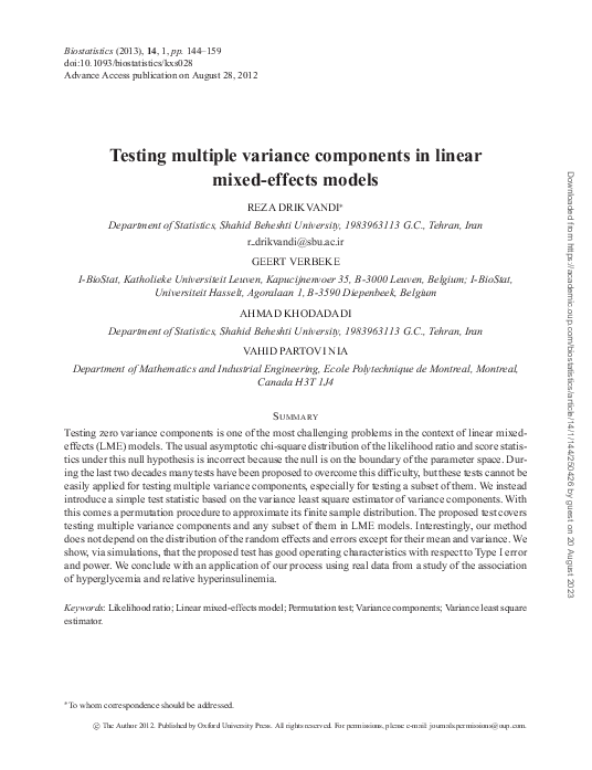 (PDF) Testing multiple variance components in linear mixed-effects models
