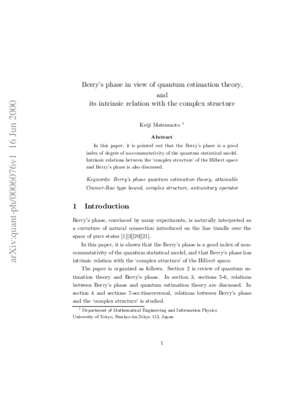 (PDF) Berry's phase in view of quantum estimation theory, and its ...