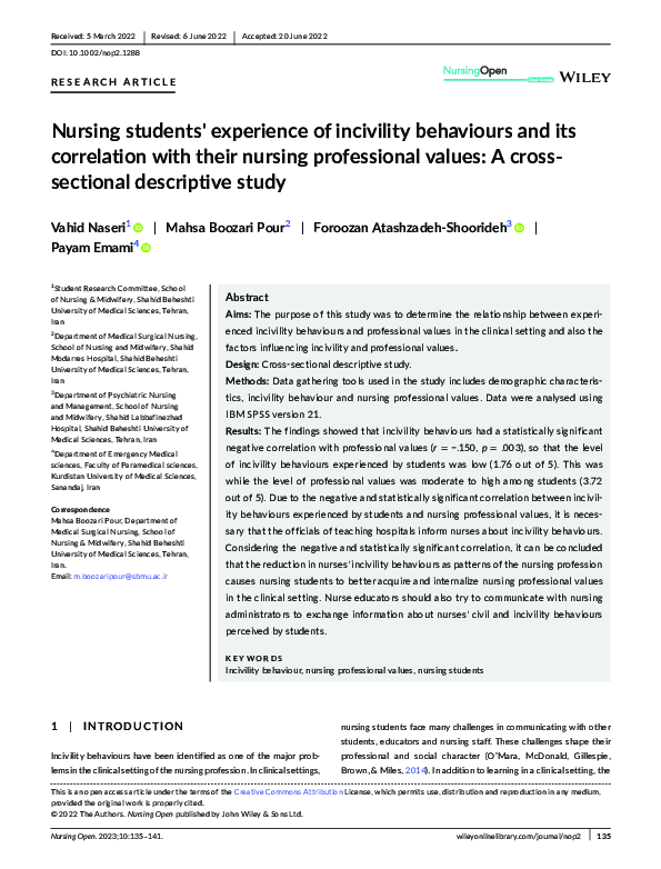 (PDF) Nursing students' experience of incivility behaviours and its ...
