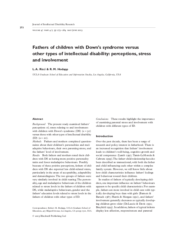 (PDF) Fathers of children with Down's syndrome versus other types of ...