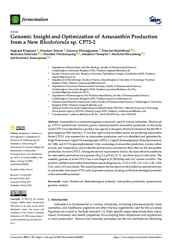 (PDF) Genomic Insight and Optimization of Astaxanthin Production from a ...