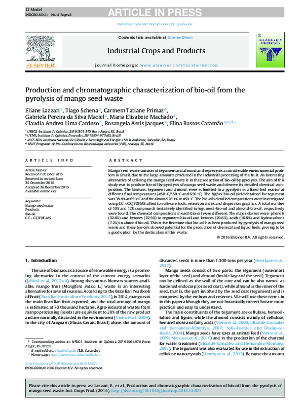 (PDF) Production and chromatographic characterization of bio-oil from ...