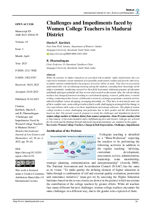 (PDF) Challenges and Impediments faced by Women College Teachers in ...