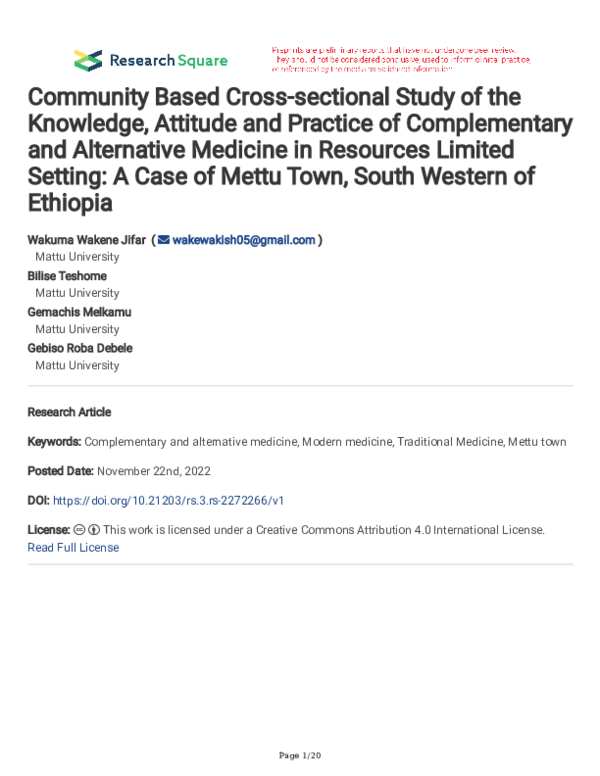 (PDF) Community Based Cross-sectional Study of the Knowledge, Attitude ...