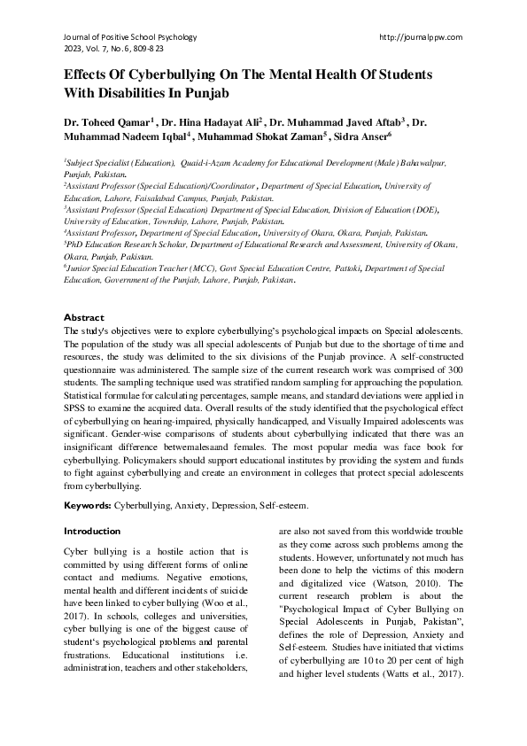 (PDF) Effects Of Cyberbullying On The Mental Health Of Students With ...