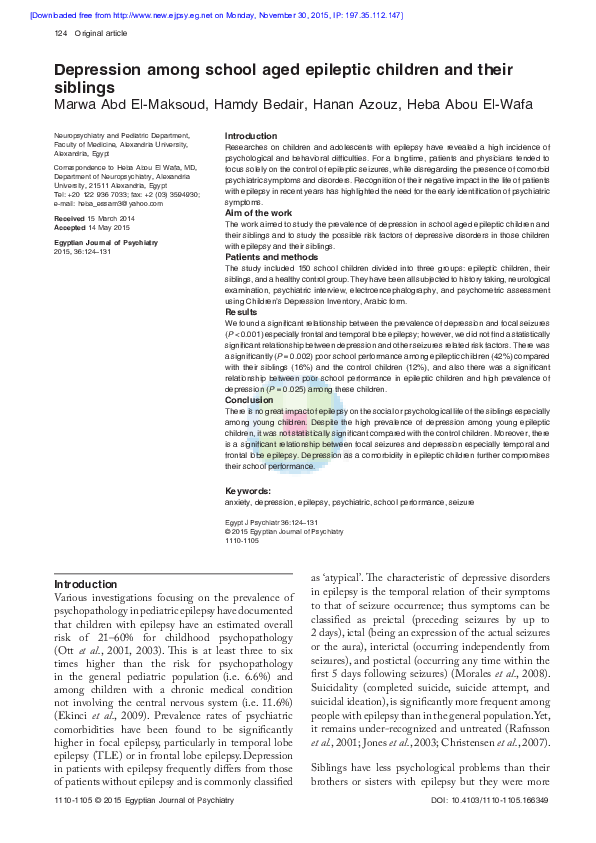 (PDF) Depression among school aged epileptic children and their siblings