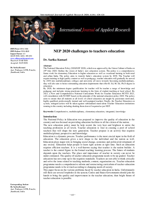 (PDF) NEP 2020 challenges to teachers education