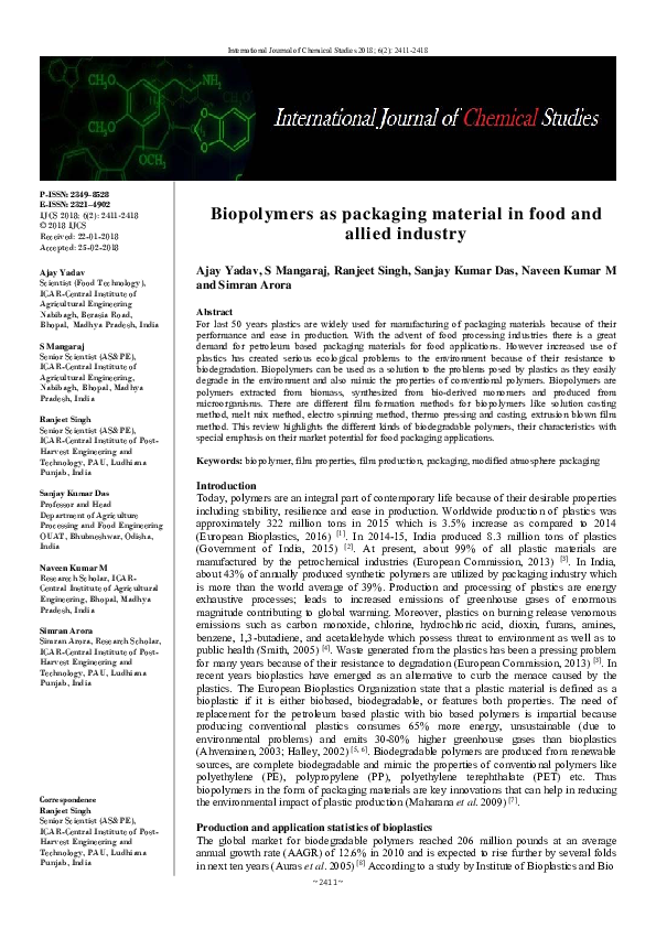 (PDF) Biopolymers as packaging material in food and allied industry