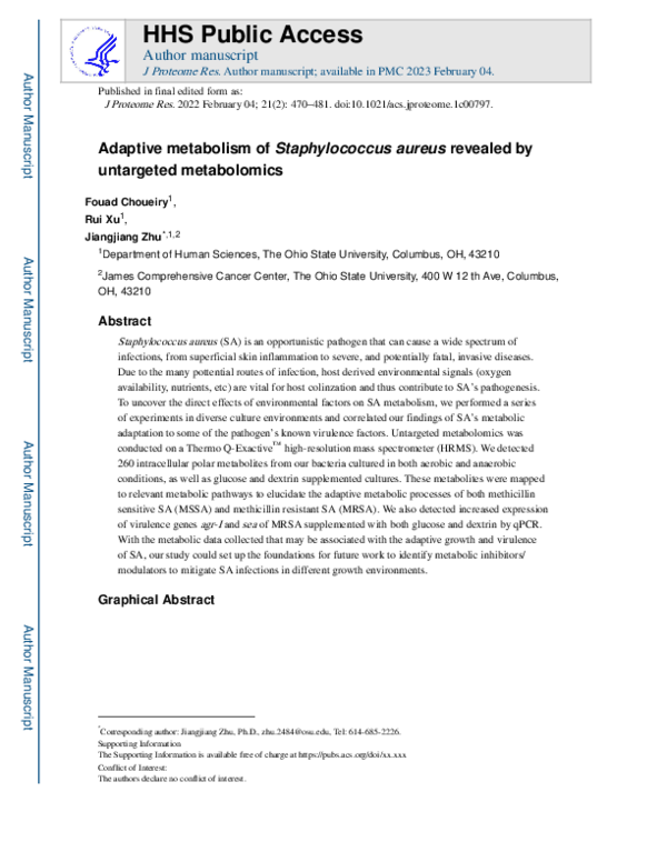 (PDF) Adaptive Metabolism of Staphylococcus aureus Revealed by ...