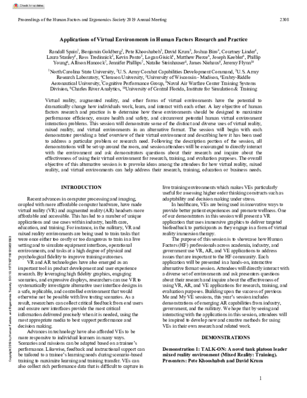 (PDF) Applications of Virtual Environments in Human Factors Research ...