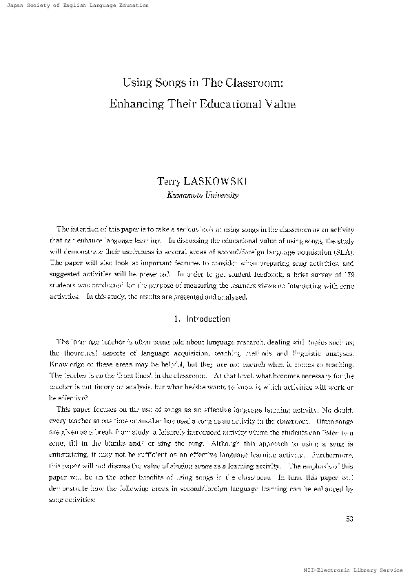 (PDF) Using Songs in The Classroom : Enhancing Their Educational Value