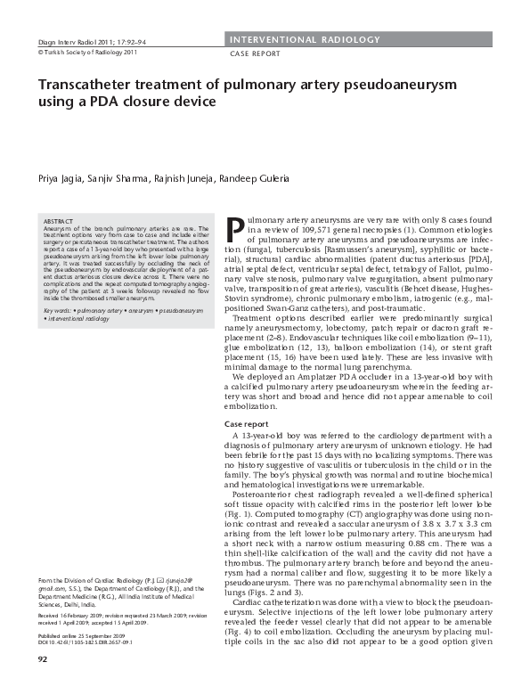 (PDF) Transcatheter treatment of pulmonary artery pseudoaneurysm using ...