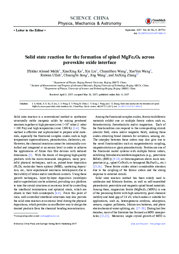 (PDF) Solid state reaction for the formation of spinel MgFe2O4 across ...