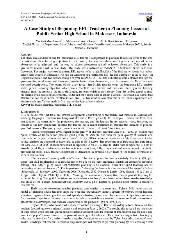 (PDF) A Case Study of Beginning EFL Teacher in Planning Lesson at ...