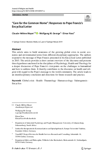 (PDF) “Care for the Common Home”: Responses to Pope Francis’s ...
