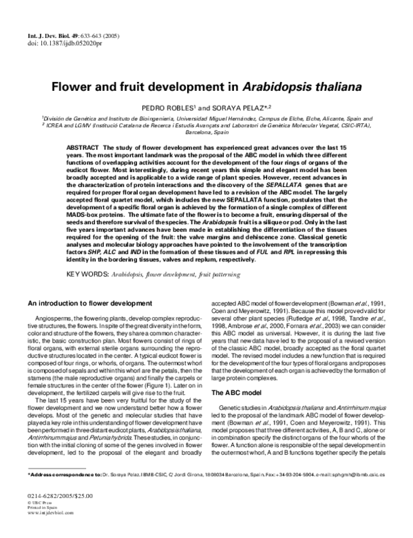 (PDF) Flower and fruit development in Arabidopsis thaliana
