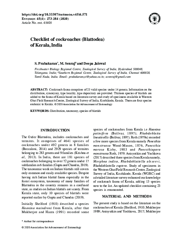 (PDF) Checklist of cockroaches (Blattodea) of Kerala, India
