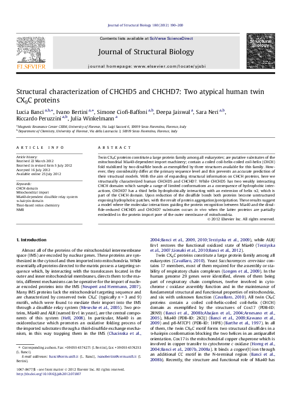 (PDF) Structural characterization of CHCHD5 and CHCHD7: Two atypical ...