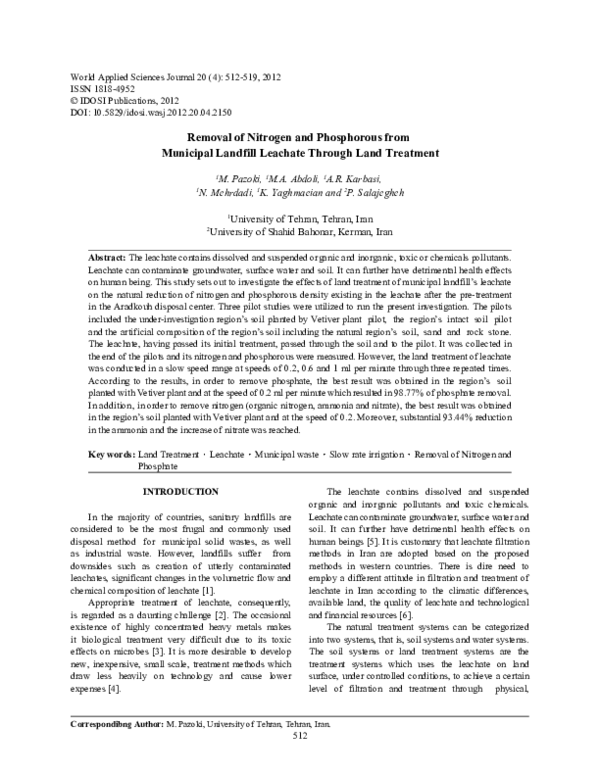 (PDF) Removal of Nitrogen and Phosphorous from Municipal Landfill ...