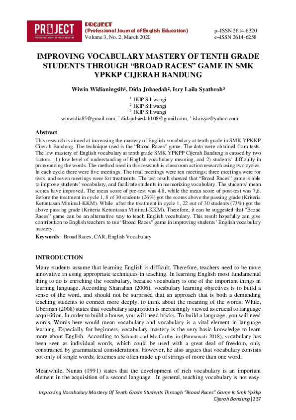 (PDF) Improving Vocabulary Mastery of Tenth Grade Students Through ...