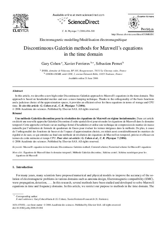 (PDF) Discontinuous Galerkin methods for Maxwell's equations in the ...