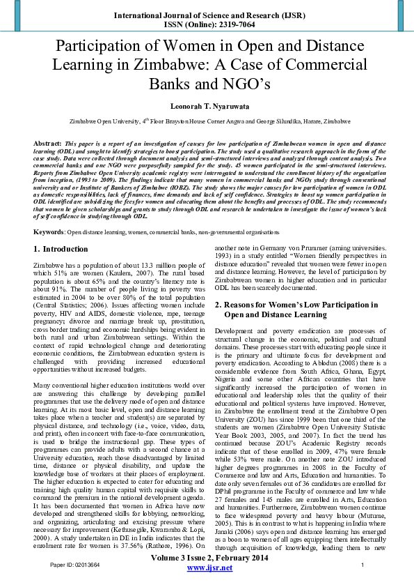 (PDF) Participation of Women in Open and Distance Learning in Zimbabwe ...