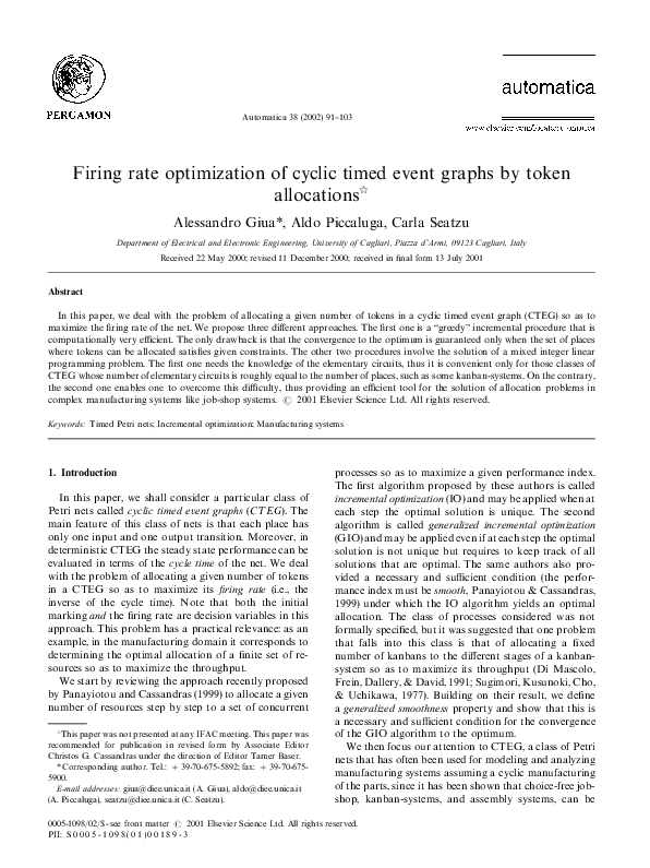 (PDF) Firing rate optimization of cyclic timed event graphs by token ...