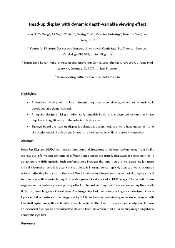 (PDF) Head-up display with dynamic depth-variable viewing effect