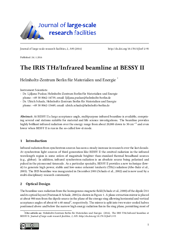 (PDF) The IRIS THz/Infrared Beamline at BESSY II