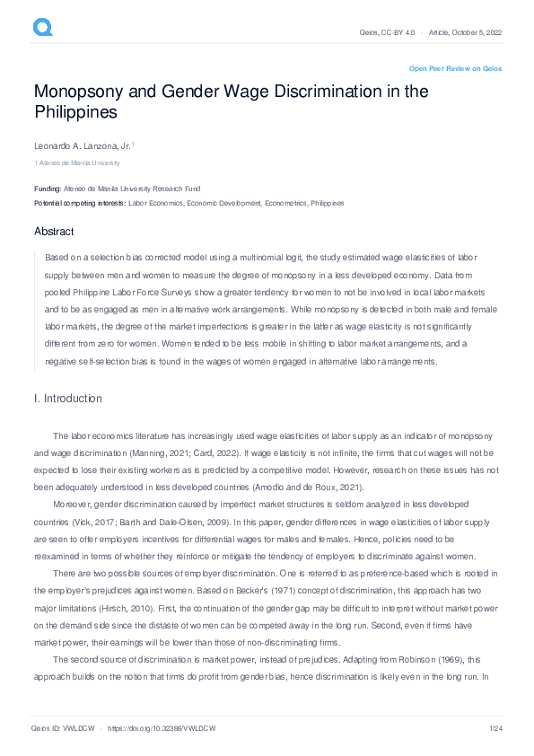 (PDF) Monopsony and Gender Wage Discrimination in the Philippines