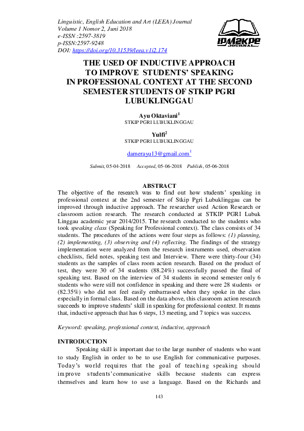 (PDF) The Used of Inductive Approach to Improve Students Speaking in ...