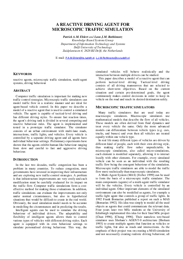 (PDF) A reactive driving agent for microscopic traffic simulation