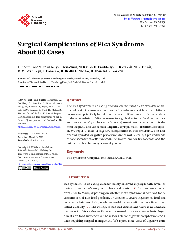 (PDF) Surgical Complications of Pica Syndrome: About 03 Cases