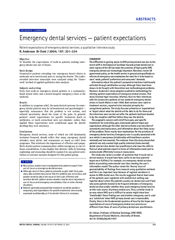 (PDF) Research Summary: Emergency dental services — patient expectations