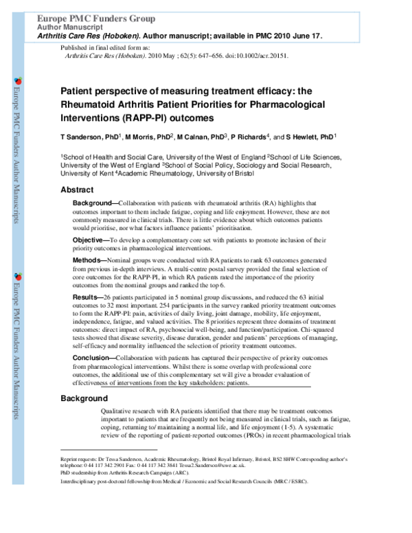 (PDF) Patient perspective of measuring treatment efficacy: The ...