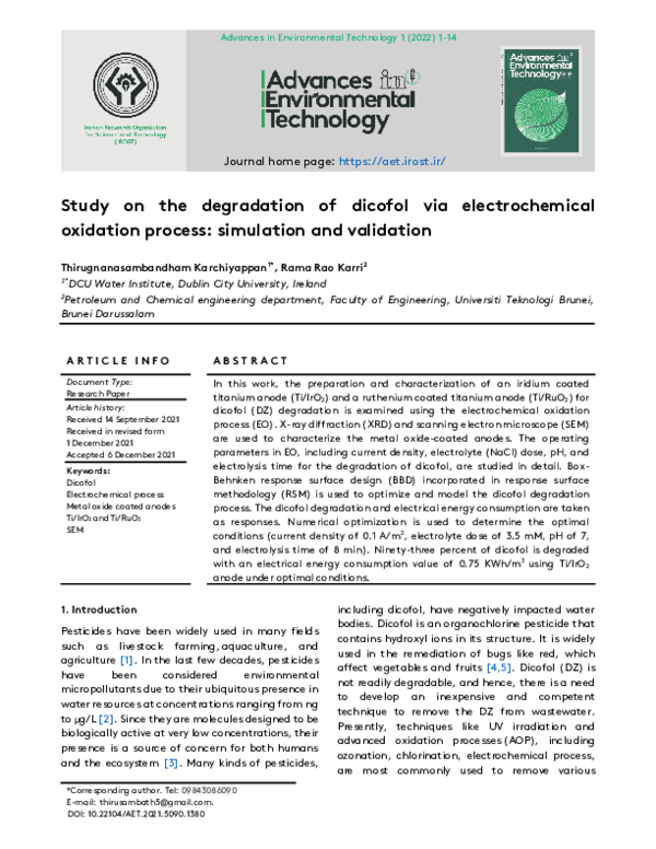 (PDF) Study on the degradation of dicofol via electrochemical oxidation ...