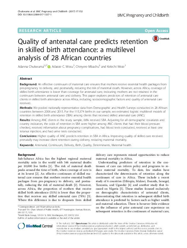 (PDF) Quality of antenatal care predicts retention in skilled birth ...