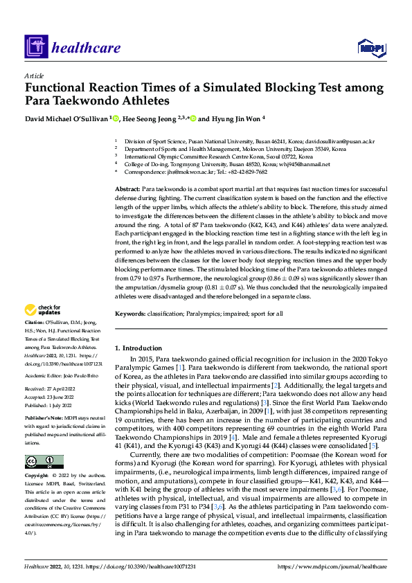 (PDF) Functional Reaction Times of a Simulated Blocking Test among Para ...