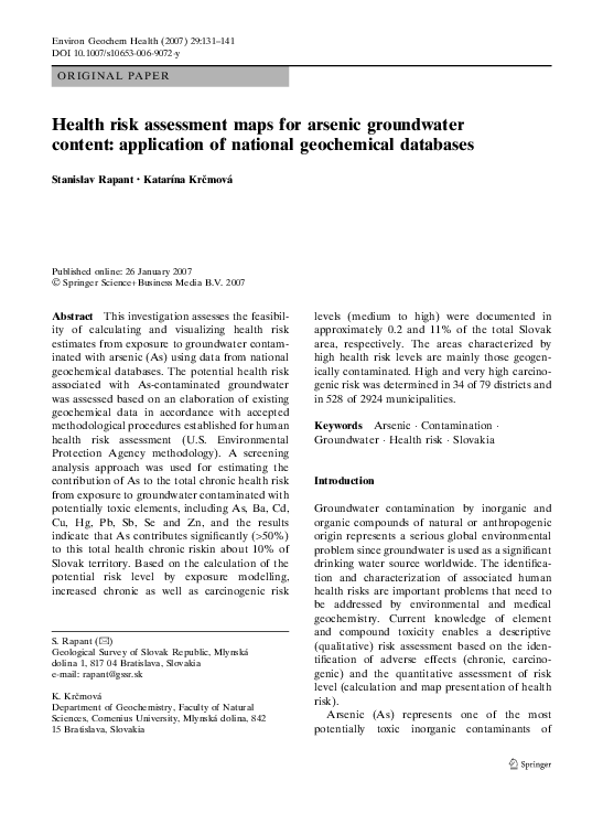 (PDF) Health risk assessment maps for arsenic groundwater content ...