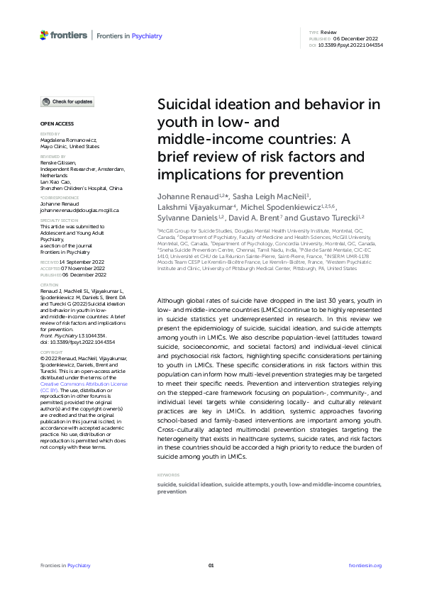 (PDF) Suicidal ideation and behavior in youth in low- and middle-income ...