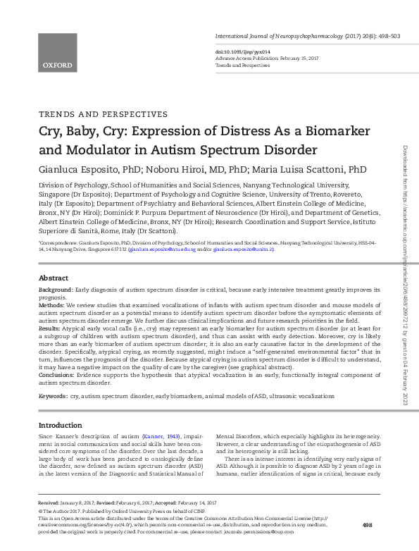 (PDF) Cry, baby, cry: Expression of Distress as a Biomarker and ...